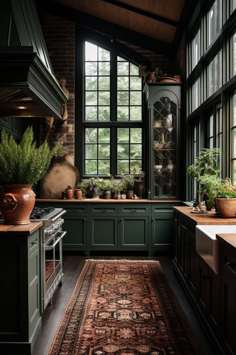 Moody Farmhouse, Apothecary Design, 30 Aesthetic, Moody Kitchen, Dark Green Kitchen, Kitchen Ideas Dark Cabinets, Kitchen Ideas Dark, Dark Kitchen, Farmhouse Kitchen Design