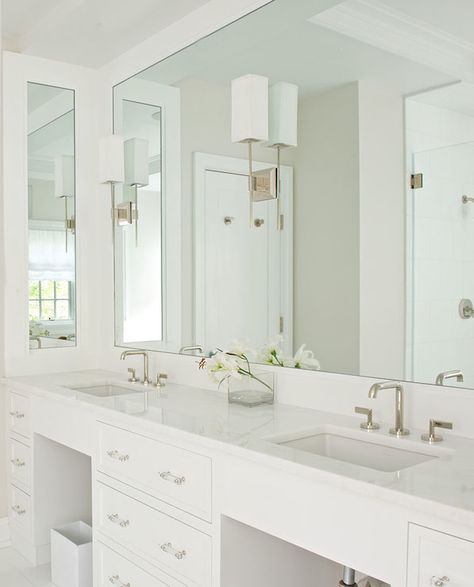 Monochromatic Bathroom, Large Bathroom Mirrors, Bathroom Mirror Design, Double Sinks, Bathroom Model, Transitional Bathroom, Master Bath Remodel, Bathroom Sconces, Bathroom Renos