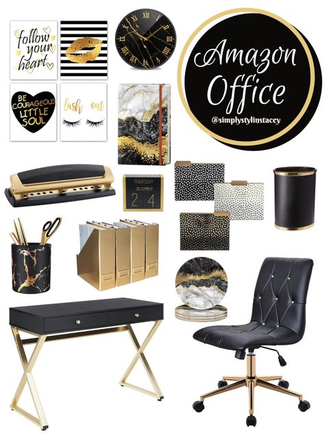 Shop recommended products from Simply Stylin' Stacey on www.amazon.com. Learn more about Simply Stylin' Stacey's favorite products. Feminine Home Office Classy, Black Gold Office, Black And Gold Office, White Gold Office, Black Office Decor, White Office Decor, Gold Office Decor, Glam Office, Black Home Office