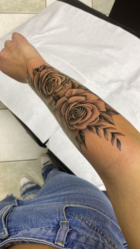 Forarm Tattoos Woman With Meaning, Rose Sleeve Tattoo Women Forearm, Sleeve Tattoos For Women Roses, Rose Arm Tattoos For Women Forearm, Shoulder And Arm Tattoos For Women, Cute Forearm Tattoos For Women, Front Arm Tattoo Woman, Forearm Tats For Women, Rose Tattoo Arm