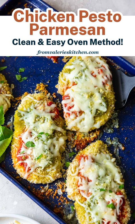 Chicken Parmesan is updated with a little pesto and a clean and easy baking method. Baked Chicken Pesto Parmesan is a fast and easy meal your family will love! Baked Chicken Pesto, Basil Pesto Chicken, Baked Pesto Chicken, Healthy Pesto, Just Go For It, Chicken Pesto, Breaded Chicken Breast, Chicken Parmigiana, Baked Chicken Parmesan