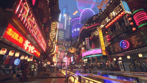 ArtStation - Futuristic Japanese Market (Video is available), Samuel Felix Eugene Martono Japanese Landscape Wallpaper Desktop, Futuristic City Wallpaper Desktop, Futuristic Japanese City, Street Market Aesthetic, Futuristic Graphic Design, Dotonbori Osaka, Technology Design Graphic, Market Video, Cyberpunk Design