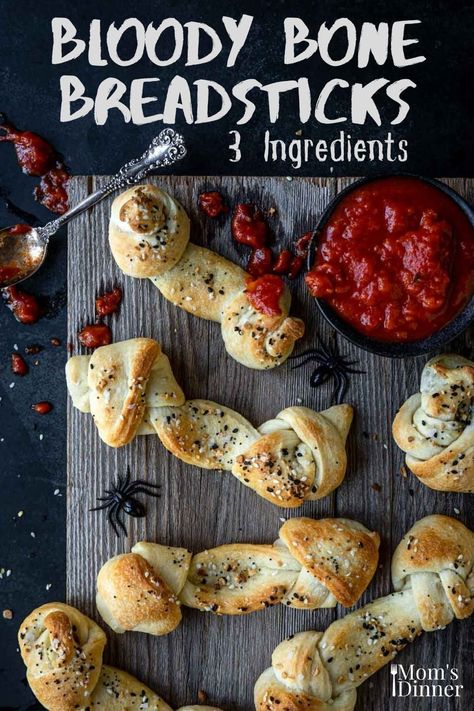 Bloody Bone Breadsticks are the perfect spooky side dish for Halloween. Just 3 ingredients and under 30 minutes to make these delicious bones! Bone Breadsticks, Breadstick Bones, Halloween Recipes Drinks, Bread Stick, 3 Ingredient Dinners, Spooky Dinner, Pizza Crust Dough, Halloween Food Dinner, Recipes Drinks