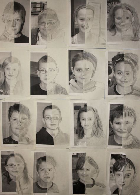 Highschool Art Projects, Fragmented Faces, Trin For Trin Tegning, Portrait Au Crayon, Self Portrait Drawing, Classe D'art, Self Portrait Art, Middle School Art Projects, 6th Grade Art