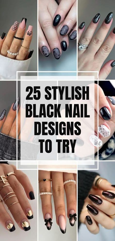 Step into the world of gothic glam with 25 dark and dazzling black nail designs! Embrace sophistication and edge with these bold styles. From chic minimalism to intricate patterns, these designs will elevate your nail game. Try them for an unforgettable glam look! ✨🖤 #BlackNailDesigns #GothicGlam #DazzlingManicure #NailArtInspiration #BeautyTrends #EdgyNails #NailGoals Fall Nails Edgy, Edgy Manicure Ideas, Nail Art Designs Goth, Black Sleek Nails, Black Nails Fall Design, Black Gel Polish Nail Designs, Black Accent Nail Designs, Black Minimalist Nail Designs, Gothic Chic Nails