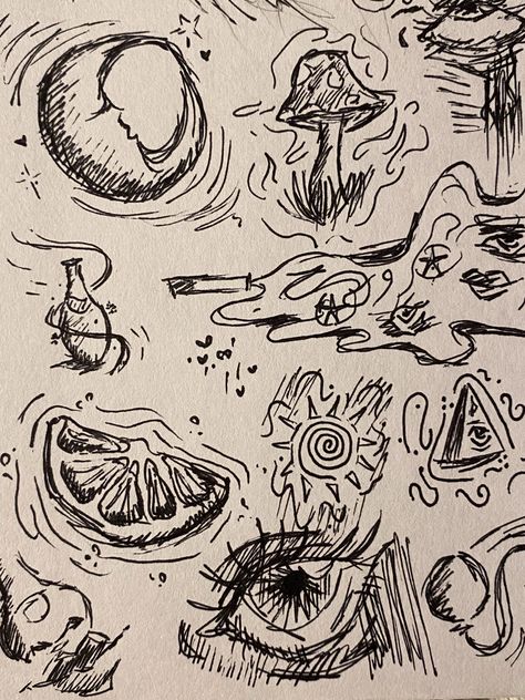 sketch book drawings. moon, sun, mushroom, potion, an orange, a mouth, a nose, lips Grungy Drawings Doodles, Doodle Journal Aesthetic, Sketch Collage Doodles, Earthy Sketchbook Ideas, Asethic Doodles, Funky Doodles Drawings, Weird Aesthetic Drawings, Edgy Sketches Aesthetic, Tiny Sketchbook Drawings