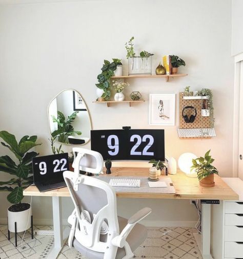 Workspace At Home Ideas, Hobo Desk Ideas, Sleek Desk Ideas, Home Workspace Inspiration, Woman Desk Home Office, Long Workspace Desk, Bedroom Desk Inspiration, Minimalist Wfh Desk, Work Desk Decor Minimalist