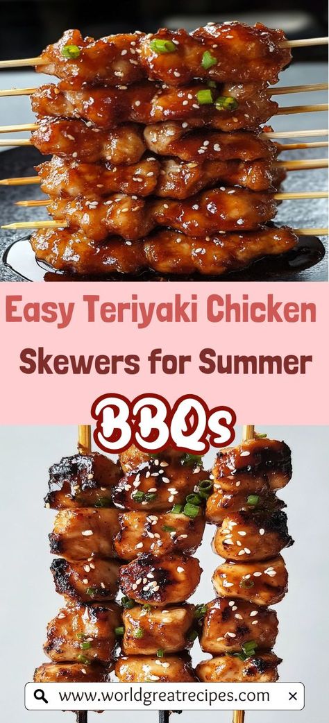 Experience the ultimate flavor explosion with these Flavor-Packed Grilled Teriyaki Chicken Skewers! Combining succulent chicken pieces with a sweet and savory teriyaki marinade, these skewers are perfect for any occasion. Whether you're hosting a backyard party or enjoying a cozy dinner, these kabobs are versatile and easy to make. Serve them with jasmine rice or a fresh salad to round out the meal. Discover how simple it is to create restaurant-quality skewers right in your own kitchen! Chicken Skewers Marinade, Kabob Marinade Recipes, Teriyaki Chicken Marinade, Chicken Kabob Marinade, Quick Easy Family Meals, Kabob Marinade, Teriyaki Chicken Skewers, Chicken Kabob Recipes, Easy Teriyaki Chicken