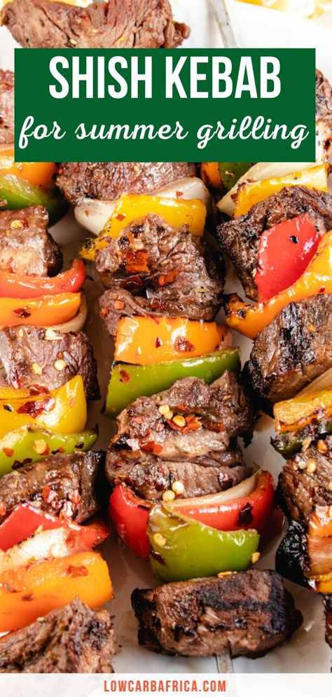 Shish kebab (shish kabob) is a delicious summer recipe, made with healthy veggies, top sirloin steak, and a delicious marinade for that umami flavor. They can be made with lamb or beef and are perfect for bbq, potlucks, and cookouts. | beef kabobs | on the grill  | low carb | keto | gluten-free | dairy-free | lowcarbafrica.com Beef Shish Kabobs, Kabobs Recipes, Beef Shish Kabob, Shishkabobs Recipe, Beef Kabob Recipes, Shish Kabob, Grilled Kabob Recipes, Grilling Kabobs, Steak Kabobs