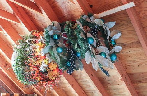 Storage Hacks for Holiday Decorations | Pretty Handy Girl How To Store Wreaths In Attic, Wreath Storage Ideas Garage, How To Store Wreaths In Garage, Wreath Storage Ideas Organizing, Wreath Storage Ideas, White Berry Wreath, Attic Storage Organization, Attic Organization, Crafts Organization