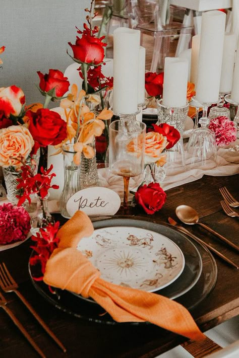 Orange and red wedding decor | Wedding & Party Ideas | 100 Layer Cake Orange Party Theme, Orange And Red Wedding, Red Wedding Decor, October Wedding Colors, Ceremony Arch Decor, Orange Wedding Themes, Red Wedding Decorations, Orange Birthday, Orange Bridesmaid