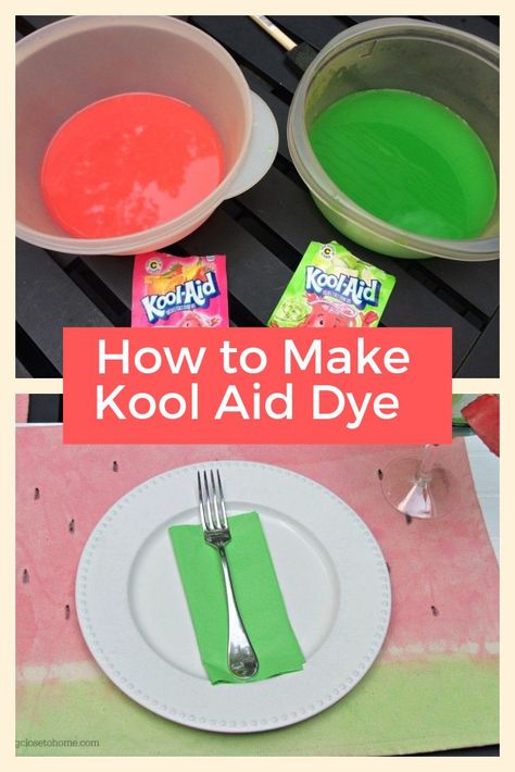 How to Paint Fabric with Kool-Aid Drink Mix - how to make kool aid dye for hair or for dyeing fabric.  Make these adorable watermelon placements for summer parties. #koolaid #crafts #summercrafts #fabric Diy Tie Dye Colors, How To Dye Clothes, How To Paint Fabric, Kool Aid Hair Dye, Kool Aid Dye, Kool Aid Hair, Homemade Tie Dye, Canned Strawberries, Diy Dye