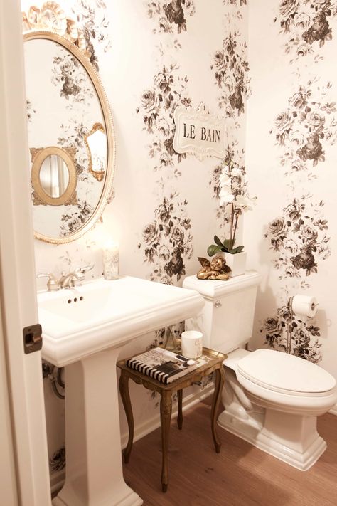 Styled With Lace Glam Powder Room, Black Floral Wallpaper, French Country Bathroom, Powder Room Makeover, Powder Room Decor, Country Bathroom, Bad Design, Bathroom Wallpaper, Vintage Glam