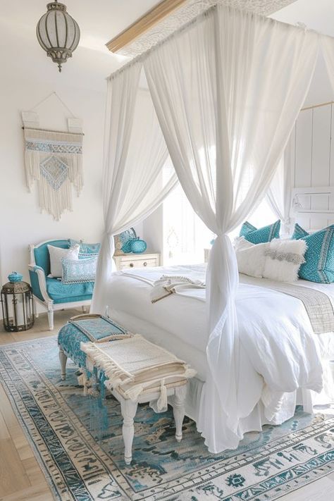 Emslifeandloves Retro Bedroom Ideas, Greek Bedroom, Moroccan Bedroom Ideas, Exotic Bedrooms, Moroccan Inspired Bedroom, Blue Girls Rooms, Gothic Cottage, Mediterranean Bedroom, Summer Room Decor