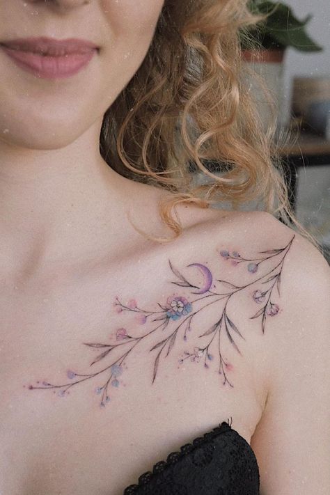 Under Collar Bone Tattoos, Collarbone Tattoo Ideas, Front Shoulder Tattoos, Clavicle Tattoo, Collarbone Tattoo, Bone Tattoos, Flower Tattoo Shoulder, Clothing Aesthetic, Tatuaje A Color