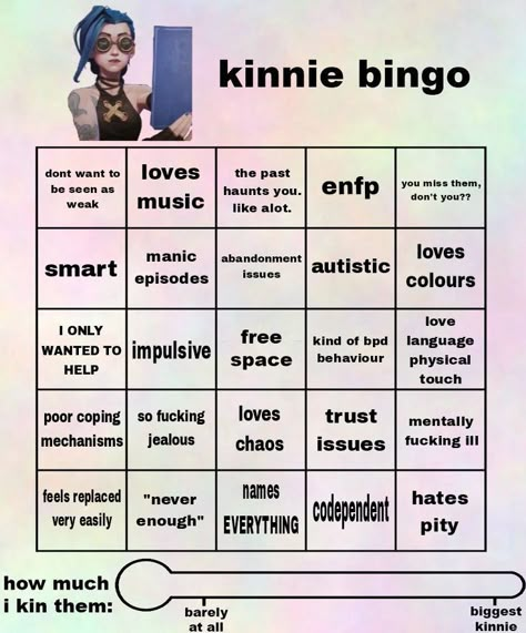 jinx kinnie Spinel Kinnie Bingo, Character Bingo Kinnie, Jinx Kinnie Bingo, Arcane Kinnie Bingo, Arcane Headcanons, Jinx Kinnie, Character Bingo, Kin Bingo, Fun Templates