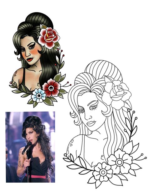 Pin Up Tattoo, Traditional Pinup Tattoo Flash, Traditional Lady Head Tattoo Flash, Amy Winehouse Tattoo Traditional, Pin Up Girl Tattoos Traditional, Traditional Tattoo Pin Up Girl, Traditional Tattoo Outline, Traditional Tattoo Flash Art, Tattoo Stencil Outline