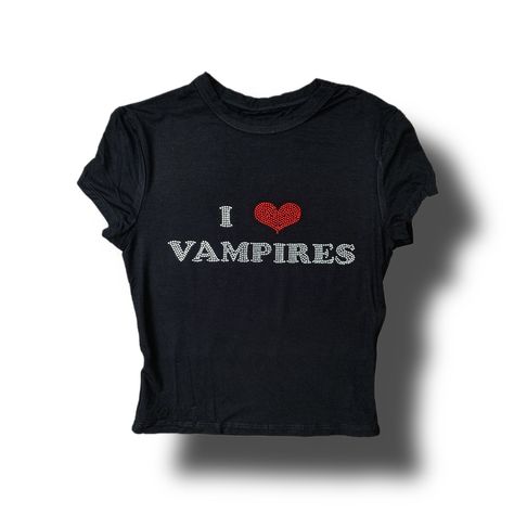 Black semi-cropped Baby Tee with, "I ❤️ Vampires" in RHINESTONES. MY ORIGINAL DESIGN.  94% Viscose, 6% Elastane. Slight stretch.  Please hand-wash this item or machine wash cold INSIDE OUT and let AIR DRY. The Christmas delivery cutoff date was Nov. 28th, after that I cannot guarantee arrival by Christmas. I Heart Vampires, Sable Ward, Y2k Outfit Ideas, Emo Girl, Goth Shirt, Plaid Shirts, Y2k Summer, Shirt Y2k, Emo Girls