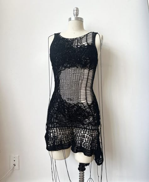 by @/spiciebrand Distressed Crochet Dress, Alternative Crochet, Las Vegas Outfit, Rave Dress, Distressed Knit, Black Crochet Dress, Knit Ideas, Vegas Outfit, Knitting Tutorial