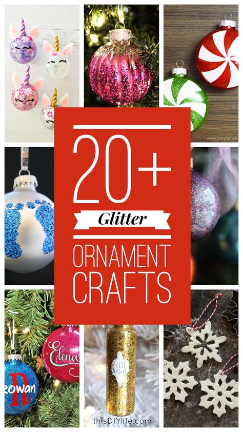 Diy Christmas Glitter Ornaments, Personalized Glitter Ornaments, Diy Clear Glass Ornament Ideas, How To Glitter Inside Ornaments, Decorating Clear Plastic Ornaments, Cricut Ornaments Diy Christmas Gifts, Glitter Ornaments Diy Polycrylic, Rhinestone Projects Diy, Glitter Foam Christmas Ornaments