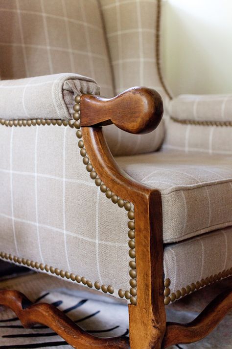 Plaid Wingback Armchair | Ashley Gilbreath Interiors Masculine Den, Aviation Bedroom, Reapolstering Chairs, Ashley Gilbreath Interiors, Plaid Living Room, Ashley Gilbreath, Chair Reupholstery, Plaid Chair, The Lettered Cottage