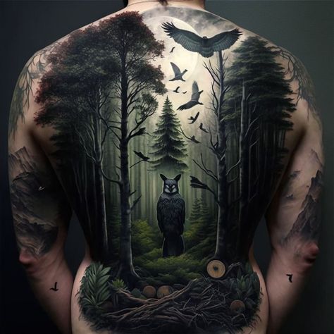 Nature Back Tattoo, Sketches Of Tattoos, Andrew Tattoo, Tattoo Ideas Back, Scenic Tattoo, James Tattoo, Phoenix Back Tattoo, Wilderness Tattoo, Nature Tattoo Ideas