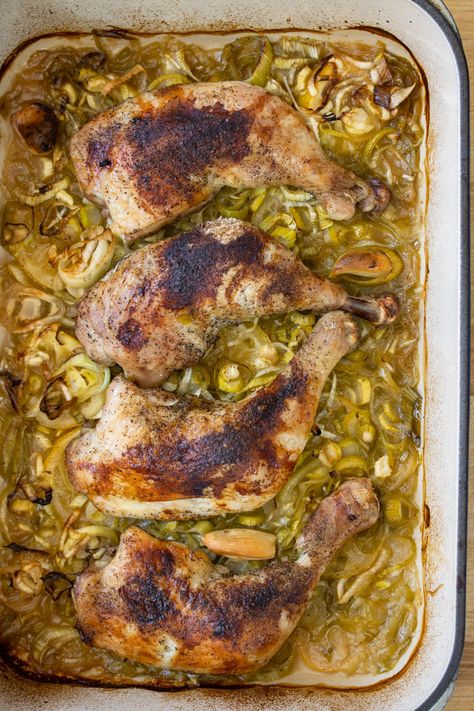 Chicken with Leeks and Lemon Chicken And Leek Recipes, Chicken With Leeks, How To Clean Leeks, Weeknight Chicken Dinner, Food In French, Weeknight Chicken, Leek Recipes, Roasted Chicken And Potatoes, Roasted Chicken Thighs