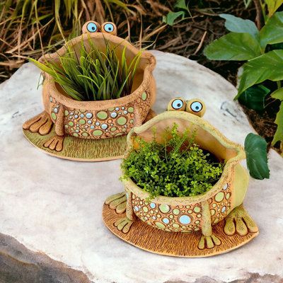 Create a twist at your home or patio with this cute unique hand-made frog ceramic ornamental flower pot planter. Plant your favorites year-round or give it as a gift! The planter does not have a drainage hole. You can plant directly in the planter placing stones at the bottom, then adding soil, or use plastic pots with drainage holes that fit inside the planter. The flowerpot is made of terracotta, which is excellent at absorbing moisture. If you place the planter on furniture, use a waterproof Chia Pet Ceramic Project, Planter Clay, Clay Statue, Ornamental Flower, Clay Plant Pots, Ceramic Frogs, Air Dry Clay Projects, Kids Pottery, How To Make Clay