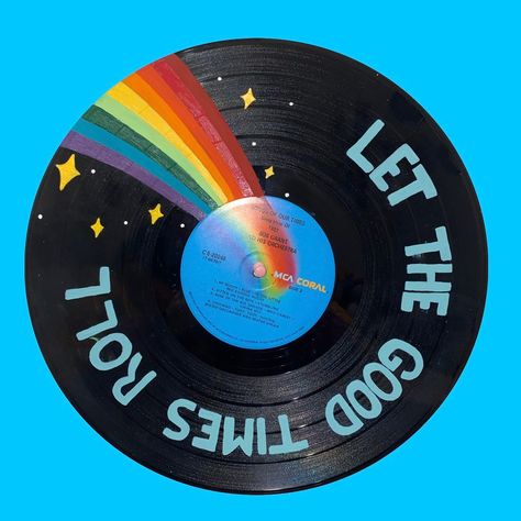 "\"Let the Good Times Roll\" painted classic old school vinyl record with rainbow tied in!🌈" Painting Vinyl Records, Painted Albums, Painted Vinyl Record, Vinyl Record Art Ideas, Painted Vinyl Records, Vinyl Art Paint, Inspiration Board Design, Painted Vinyl, Rainbow Paint