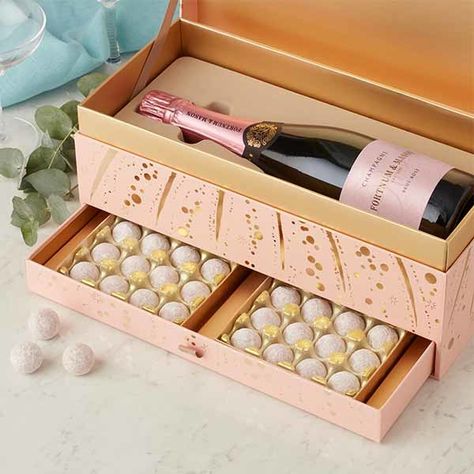 Rosé Champagne & Chocolate Gift Box - Fortnum & Mason Wedding Gifts For The Bride, Luxury Paper Bag, Champagne Box, Luxury Box Packaging, Gifts For The Bride, Champagne Chocolate, Champagne Truffles, Wrapped Wine Bottles, Champagne Gift