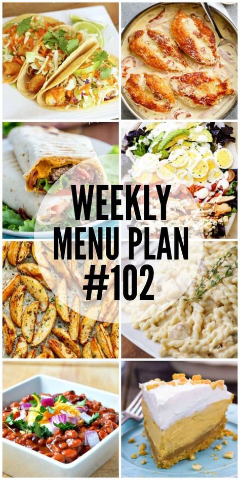 WEEKLY MENU PLAN (#102) - Seven talented bloggers bringing you a full week of recipes including dinner, sides dishes, and desserts! Cheeseburger Wraps, Meal Planning Board, Weekly Menu Plan, Meal Planning Menus, Weekly Menu Planning, Meal Prep Plans, Monthly Meal Planning, Family Meal Planning, Menu Plan