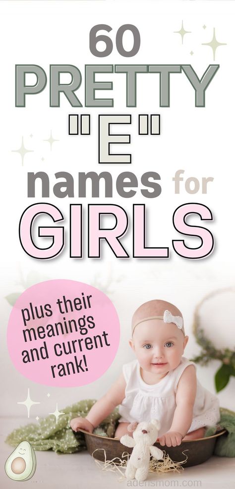 60 PRETTY "E" NAMES FOR GIRLS PLUS THEIR MEANINGS AND CURRENT RANK! PICTURE OF BABY GIRL PHOTOSHOOT WITH WHITE DRESS BOW HEADBAND E Baby Names, E Baby Girl Names, Girl Names With E, E Names, Unusual Girl Names, Pretty Girl Names, Rustic Boy Names, Vintage Baby Girl Names