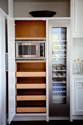 Microwave built-in to tall cabinet with roll-outs below. Microwave In Pantry, Ada Kitchen, Laundry Reno, Microwave Cabinet, Built In Pantry, Tall Kitchen, Butlers Pantry, Studio Inspiration, Kitchen Cabinets Decor