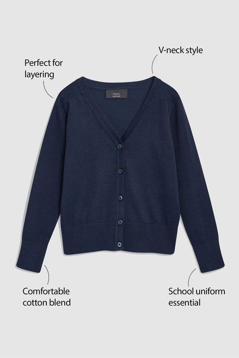 Layering perfection, this V-neck cardigan is made from a rich-cotton blend for ultimate comfort and breathability throughout the hectic school day - an all-year-round staple. Machine washable. 80% Cotton, 20% Nylon. Rich School, School Cardigan, Formal Blouses, Best Cardigans, Navy Blue Cardigan, Girls Cardigan, Short Cardigan, Cotton Cardigan, V Neck Cardigan