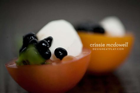 Caprese Bites with Balsamic Caviar Balsamic Caviar, Caprese Bites, Tapas Party, Cooking Design, Savory Salads, Charcuterie Recipes, Molecular Gastronomy, Oil Shop, Heirloom Tomatoes