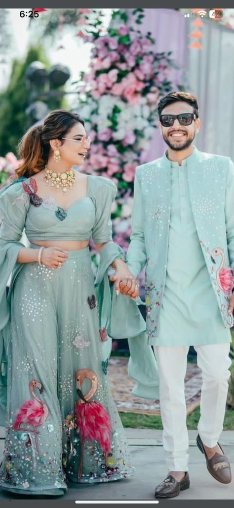 Same Dress Couple Pics, Haldi Dress For Bride And Groom, Haldi Carnival Outfit, Indian Carnival Outfits, Diwali Party Outfit Indian, Wedding Sangeet Outfits, Couple Matching Outfits Indian Wedding, Couple Dress Matching Indian For Engagement, Mahendi Photos