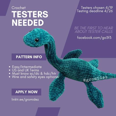 You're not seeing things, Nessie is real! And Gromidez is calling for crochet pattern testers through Thursday. All skill levels are encouraged to apply 🧶 #nessie #lochness #patterntester #testercall Crochet Nessie Pattern Free, Nessie Crochet Pattern, Nessie Crochet Free Pattern, Crochet Nessie, Crochet Nessie Pattern, Amigurumi Nessie, Nessy Loch Ness Crochet, Crochet Loch Ness Monster Free Pattern, Loch Ness Monster Sewing Pattern