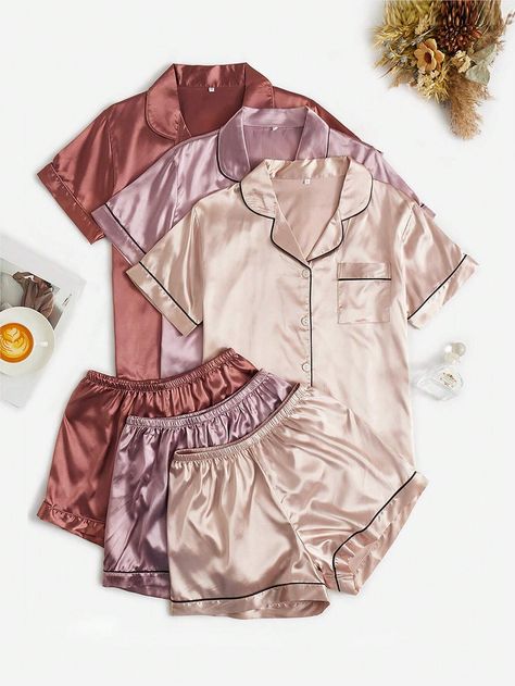 3pcs Satin Lapel Collar Ruched Front PJ Set | SHEIN USA Dream Sleepover, 16 Wishes, Friends Bachelorette, Silk Pj Set, Satin Pjs, Silk Pjs, Night Set, Pyjama Satin, Cute Pajama