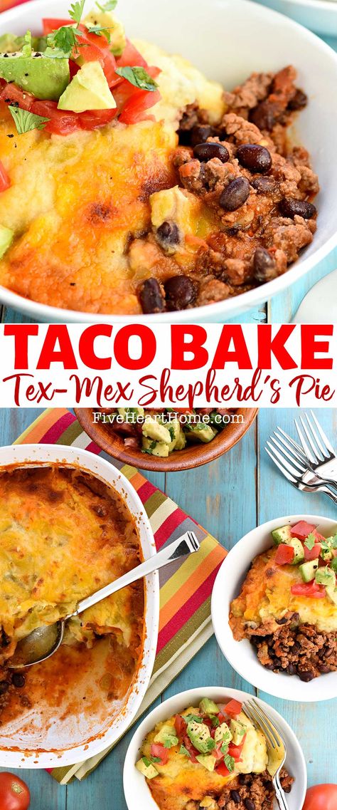 Taco Bake, Tex-Mex Shepherd's Pie, Taco Casserole, two-photo collage with text. Appetizer Dinner, Southwest Recipes, Seasoned Ground Beef, Favorite Casseroles, Avocado Tomato Salad, Savory Meals, Taco Bake, Mexican Foods, Potluck Dishes