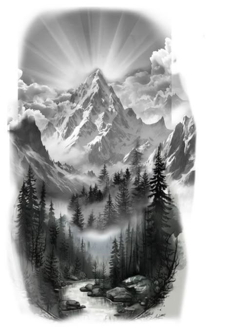 Double Exposure Tattoo Ideas, Mens Outdoors Tattoo Ideas, Misty Mountains Tattoo, River And Trees Tattoo, Adventure Tattoo Men Nature, Mountains And Forest Tattoo, Mountain Range Tattoo Design, Forest Background Tattoo, Mountain View Tattoo