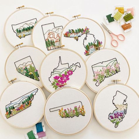 Celeste Johnston on Instagram: “Chugging right along in my state patterns work! 🚂 I‘m a little behind on the ones I wanted to release in September (Maryland and…” State Embroidery, Pdf Embroidery Pattern, Plant Party, Virginia State, Stitch Guide, Thread Painting, Fabric Scissors, Embroidery Needles, Embroidery Pattern