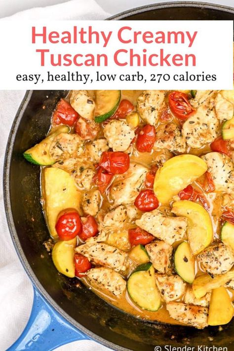 This Healthy Tuscan Chicken is a copycat of the Olive Garden favorite but lightened up! This dish is made with the most delicious creamy tomato Parmesan sauce, tender chicken breast, zucchini, and summer squash. Healthy Tuscan Chicken, Zucchini Tomato, Slender Kitchen, Diet Dinner Recipes, Under 300 Calories, Chicken Zucchini, Tuscan Chicken, Chicken Dish, 300 Calories