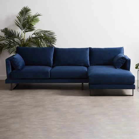 Temple & Webster 3 Seater Navy Velvet Zanda L-Shaped Sofa & Reviews Comfy Sofa Bed, Navy Velvet Sofa, Industrial Living Room, L Sofas, Top Sofas, Blue Velvet Sofa, Shaped Sofa, Lounge Suites, Mid Century Living Room