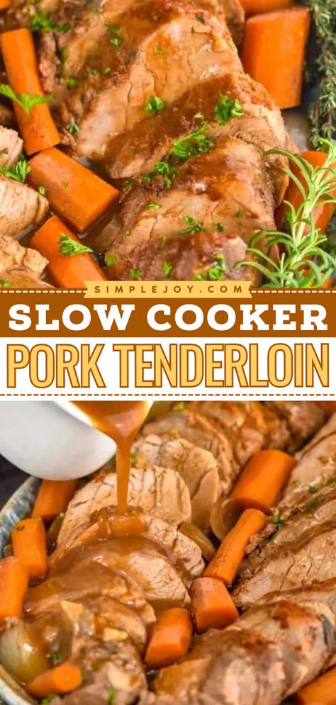 A crock pot recipe for your Thanksgiving dinner menu! Easy and delicious, this slow cooker pork tenderloin with gravy is nothing short of amazing. Everyone will love this Thanksgiving main dish! Healthy Slow Cooker Pork Tenderloin, Pork Loin And Veggies Crock Pot, Pork Tenderloin Recipes In Crockpot With Potatoes, Low Carb Pork Tenderloin Recipes Crock Pot, How To Cook Pork Tenderloin In Crock Pot, Pork Tenderloins In Crockpot, Easy Pork Tenderloin Recipes Crockpot Simple, Best Pork Tenderloin Recipe Crock Pots, Pork Tenderloin In Slow Cooker