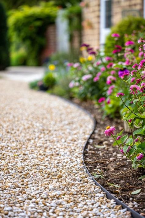 Budget-Friendly Gravel Driveway Edging Ideas Stone Driveway Edging Ideas, Kerbing Ideas Driveway, Gravel Garden Edging, Driveway On A Budget, Landscaping Driveway Edge, Budget Driveway Ideas, Small Front Driveway Ideas Uk, Brick And Gravel Driveway, Pea Gravel Border Ideas