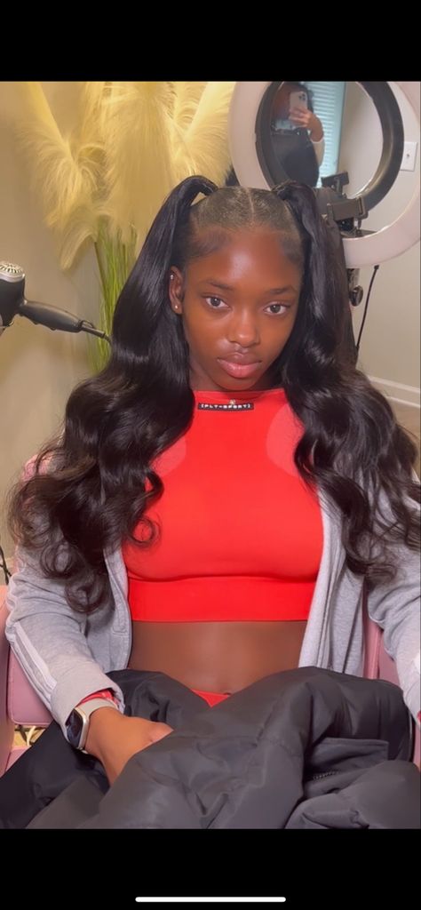 Half Up Two Ponytail Hairstyles, Half Up Half Down Hair With 2 Pieces, Quick Weave Hairstyles Ponytail Half Up Half Down, Sew In With 2 Ponytails, Sew Ins Ponytails, Cute Black Ponytail Hairstyles, Half Up Half Down Hair With Ponytail, Two Ponytails And Hair Down, Half Up Half Down To Ponytails