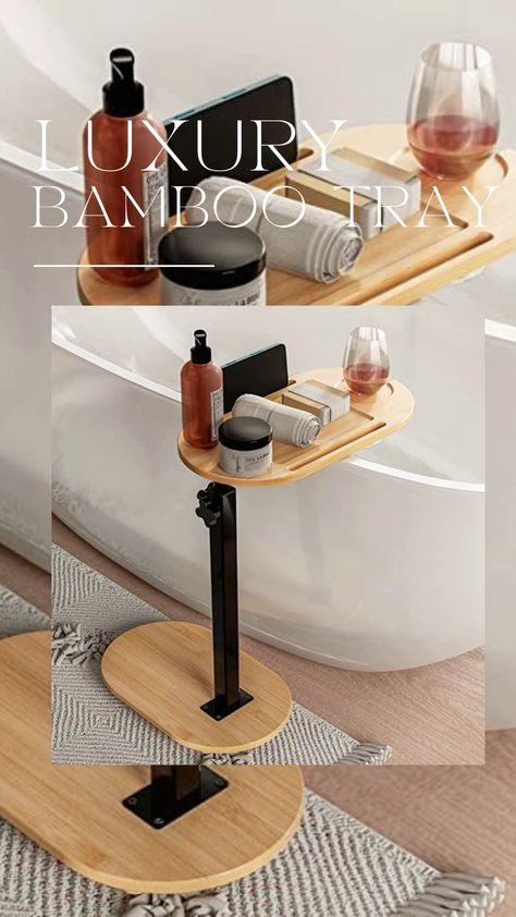 Measures (LxW) 15.75 x 8.66 in, compact size allows easy storage. Scientifically designed for cramped bathtubs or tubs against wall— it won't cover your tub too much, maximize your relaxing bathing space, and can hide away easily when not in use. This bath tub table is a perfect space solution so you can comfortably sit back and relax, enjoying your self-care nights Bathtub Side Table, Wabi Sabi Interior, Bath Table, Bathtub Tray, Freestanding Bath, Room Makeover Inspiration, Luxury Bath, Small Bathroom Decor, Free Standing Bath