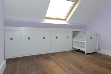 Under Eaves Storage, Loft Conversion Bedroom, Attic Bedroom Storage, Eaves Storage, Attic Wardrobe, Attic Bedroom Designs, Loft Storage, Attic Conversion, Attic Design