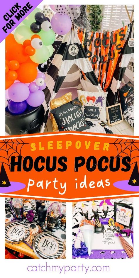 Take a look at this Hocus Hocus Halloween sleepover! The teepees are so much fun! See more party ideas and share yours at CatchMyParty.com Hocus Pocus Sleepover Ideas, Hocus Pocus Slumber Party, Hocus Pocus Sleepover, Halloween Spa Party, Hocus Pocus Printable Games, Hocus Pocus Escape Room, Hocus Pocus Birthday Party Invitation, Halloween Sleepover Ideas, Hocus Pocus Party Ideas