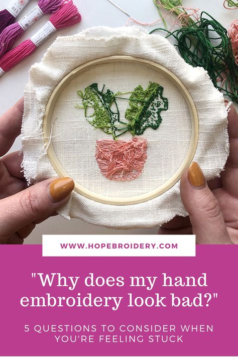 In this post, I give you five questions to consider when you're feeling like your hand embroidery just doesn't look "right." tags: Embroidery patterns; embroidery designs; embroidery inspiration; embroidery stitches; embroidery flowers; embroidery art; embroidery for beginners; embroidery supplies; embroidery supplies for beginners; scissors aesthetic; craft tools; craft tools DIY; embroidery kits; embroidery kits for sale; embroidery kits beginner; embroidery kits to buy; subscription boxes Hand Embroidery Kits For Sale, Scissors Aesthetic, Embroidery Kits For Sale, Aesthetic Craft, Beginner Embroidery, How To Stitch, Hand Embroidery Kits, Beginners Embroidery, Easy Embroidery